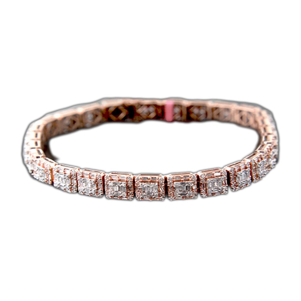 A diamond tennis bracelet with a pink clasp.