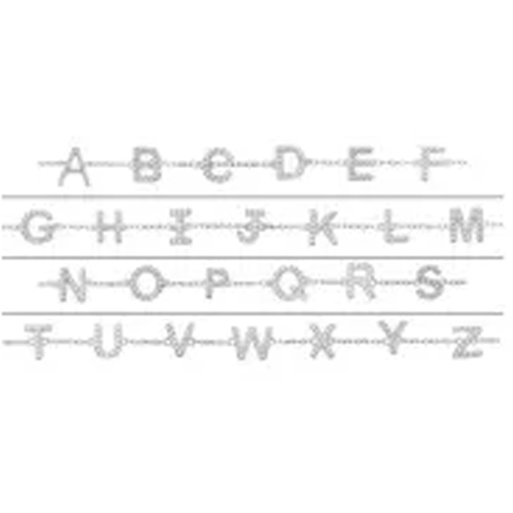 Alphabet letters A to Z in outlined bubble style with dotted lines, organized in four rows.