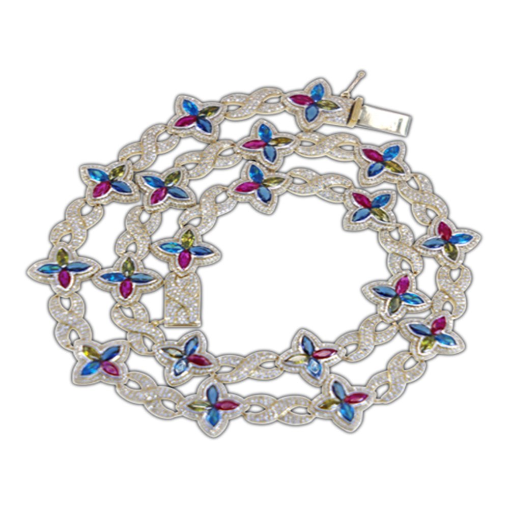 Gold chain necklace with butterfly-shaped enamel inlays in pink, blue, and green, adorned with small diamonds.