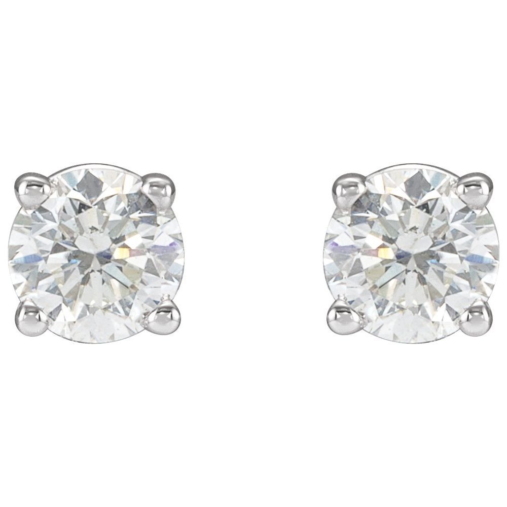 Pair of diamond stud earrings on a white background.