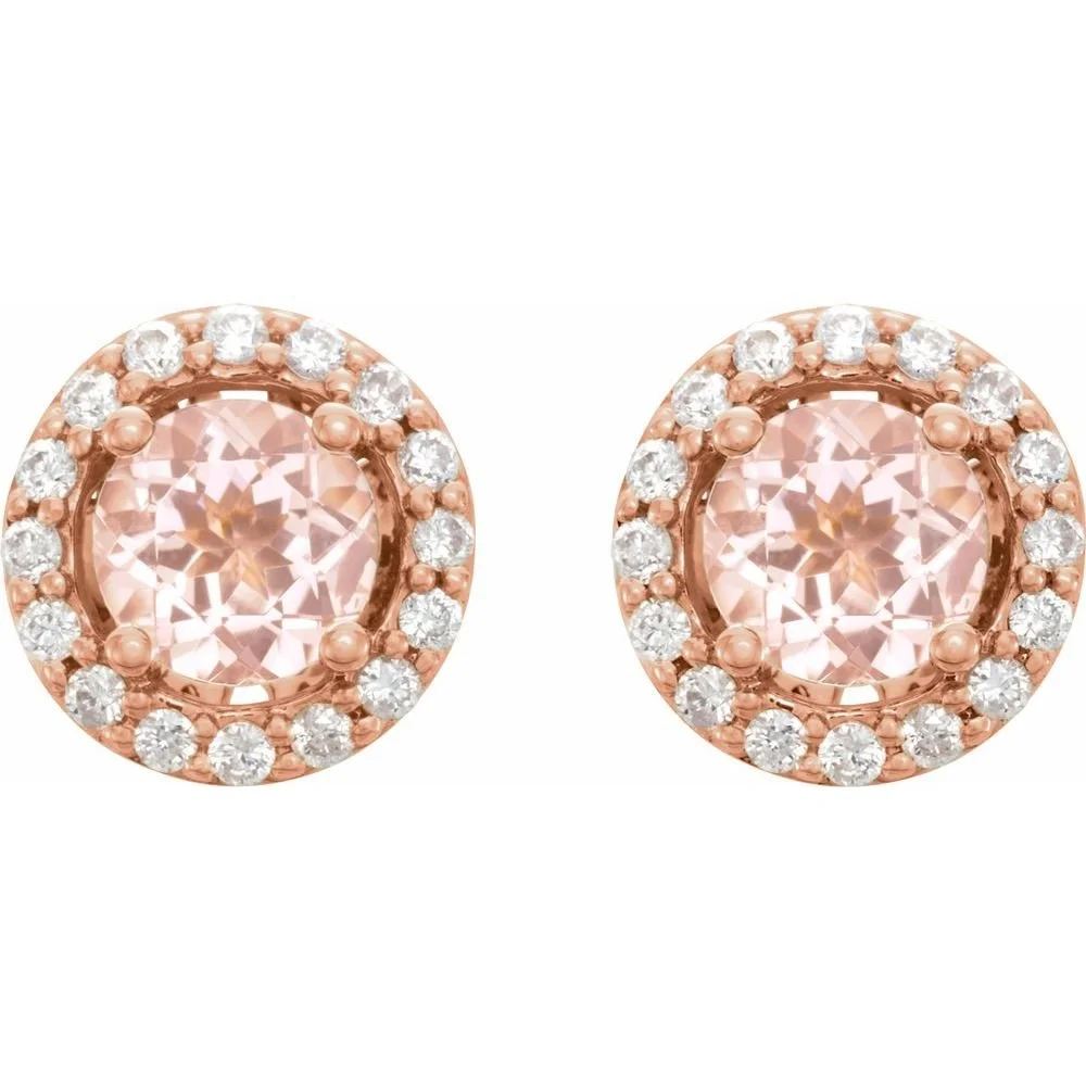 Round pink gemstone earrings surrounded by small clear gemstones in a rose gold setting, shown against a white background.