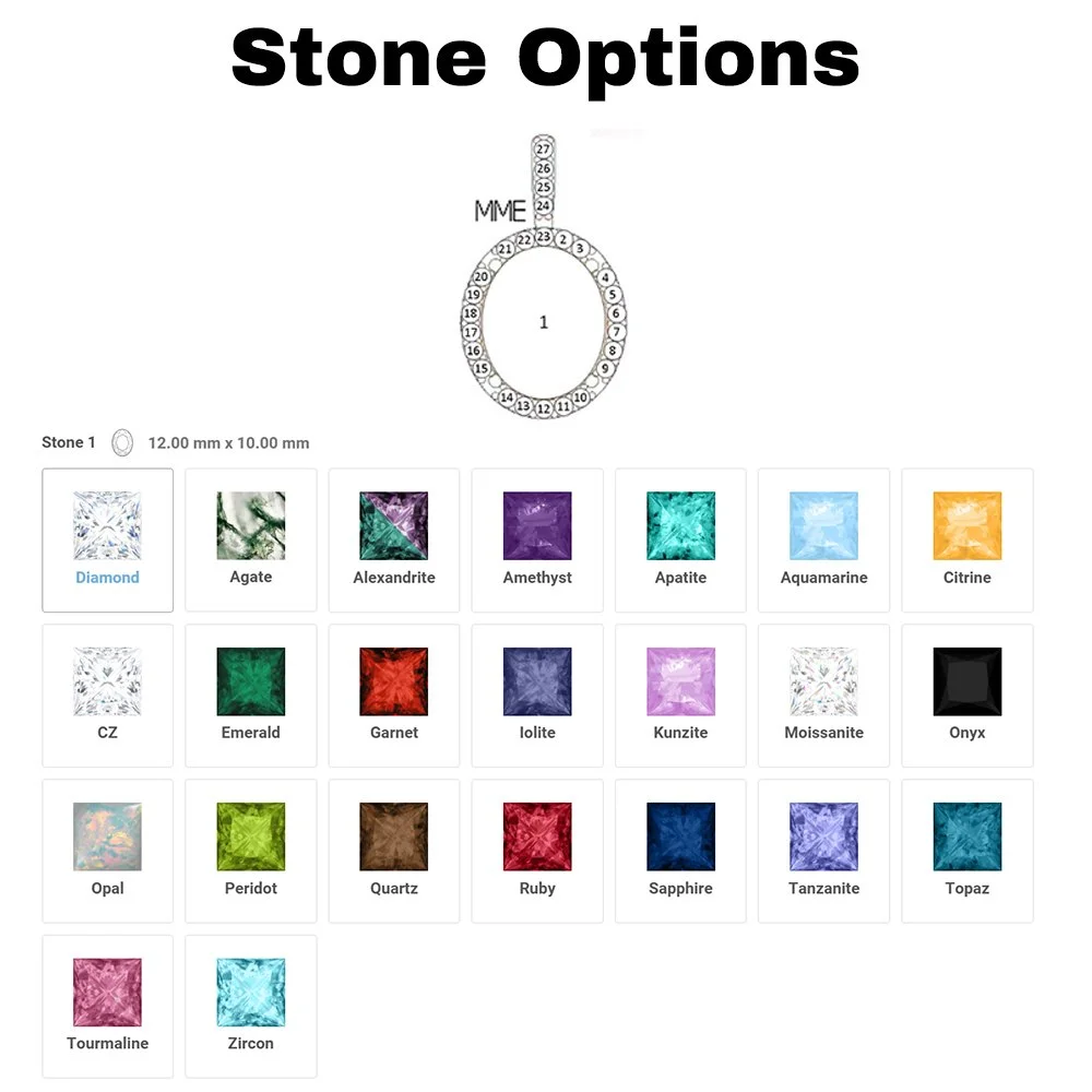 A chart showing different options for stones, including their shapes and colors, with a title "Stone Options" at the top.