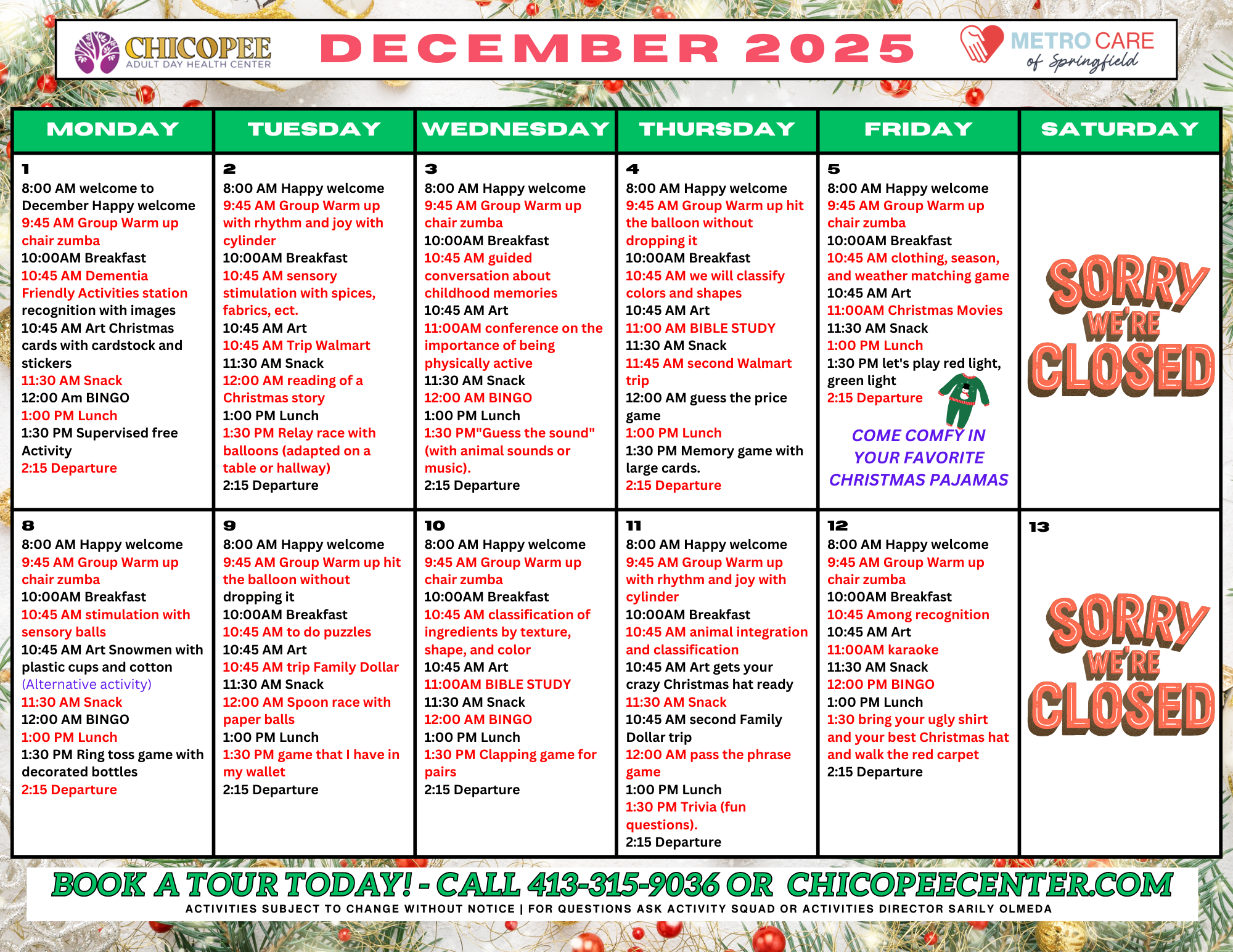 December 2025 activity calendar for Chicopee Adult Day Health Center, showing daily schedules with activities like welcome sessions, breakfast, sensory stimulation, art projects, games, music, and outings, with some days marked as closed.
