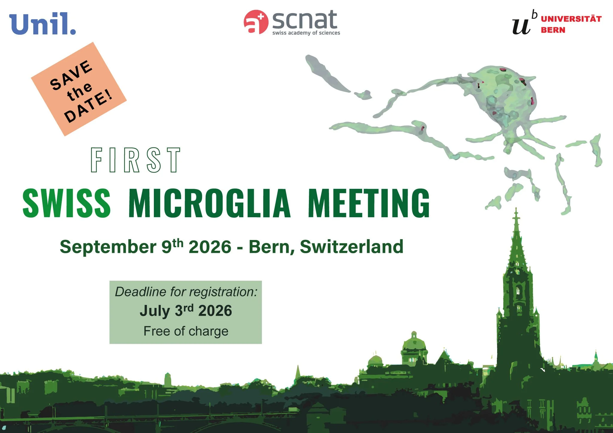 Ein Plakat für das erste Schweizer Mikrogliatreffen am 9. September 2026 in Bern, Schweiz. Das Plakat enthält Logos verschiedener Organisationen, eine stilisierte Illustration eines Mikroglia-Zellkörpers, eine Silhouette der Berner Stadtlandschaft und einen Textblock mit Registrierungsdetails.