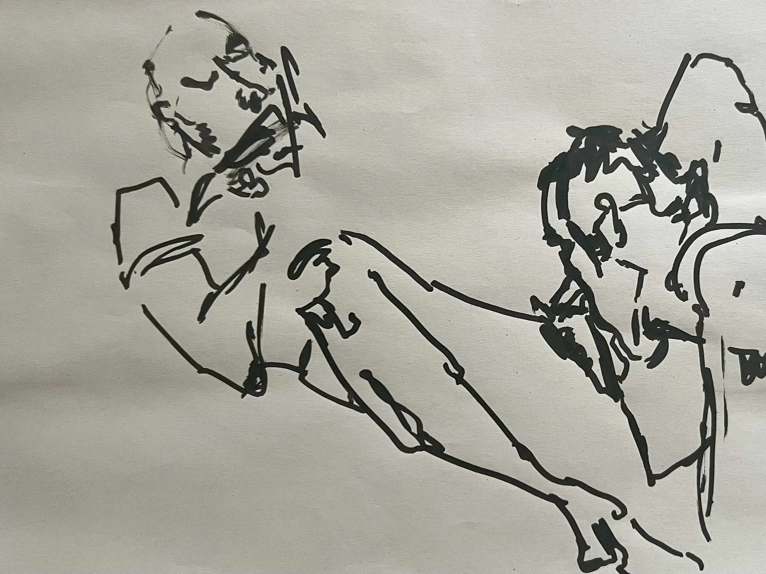 Line drawing of a person with a bicycle on a road, with trees and foliage in the background.