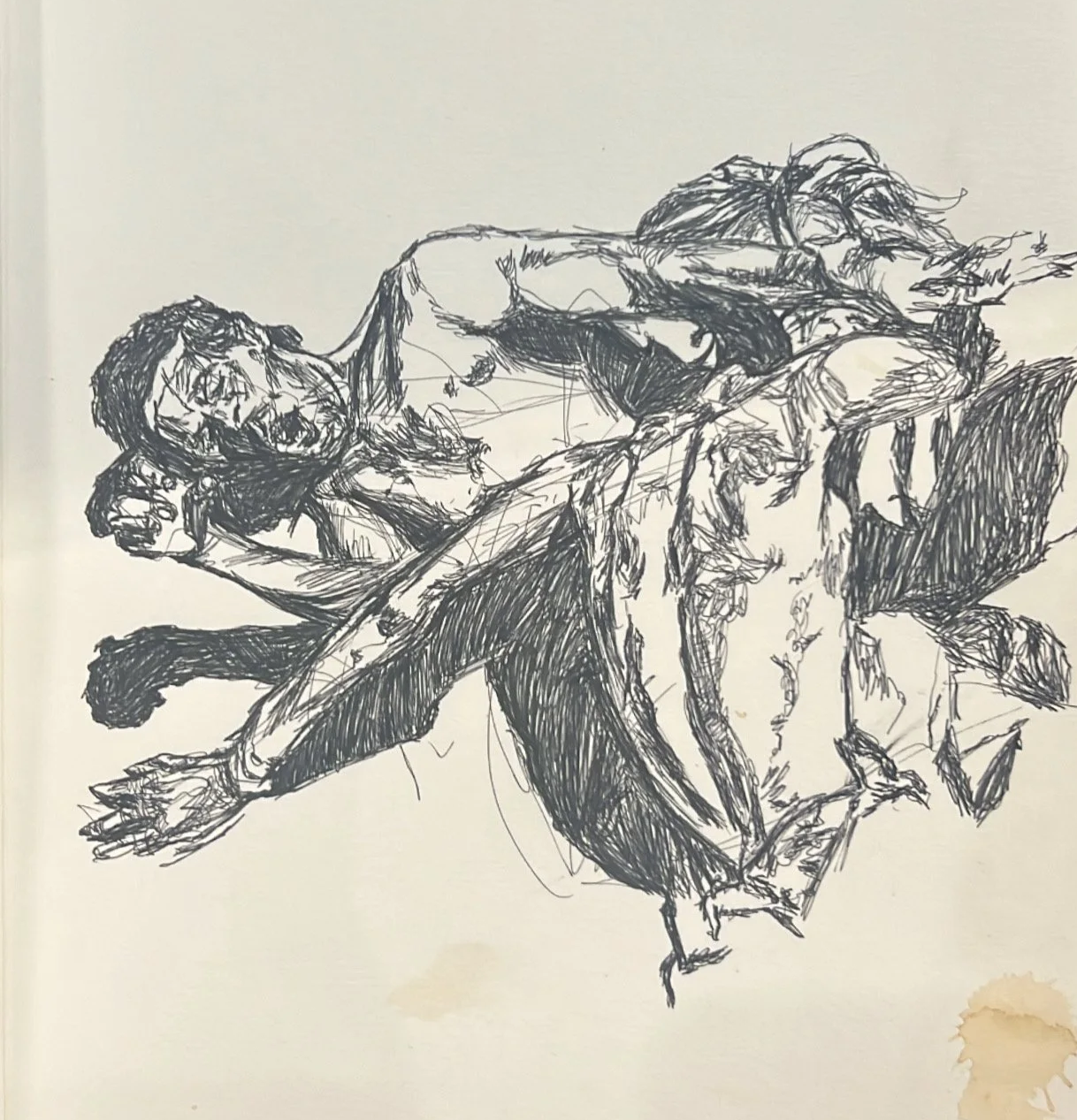 A black ink sketch of a woman lying on her side, wearing a dress and glasses, with her head resting on her arm.
