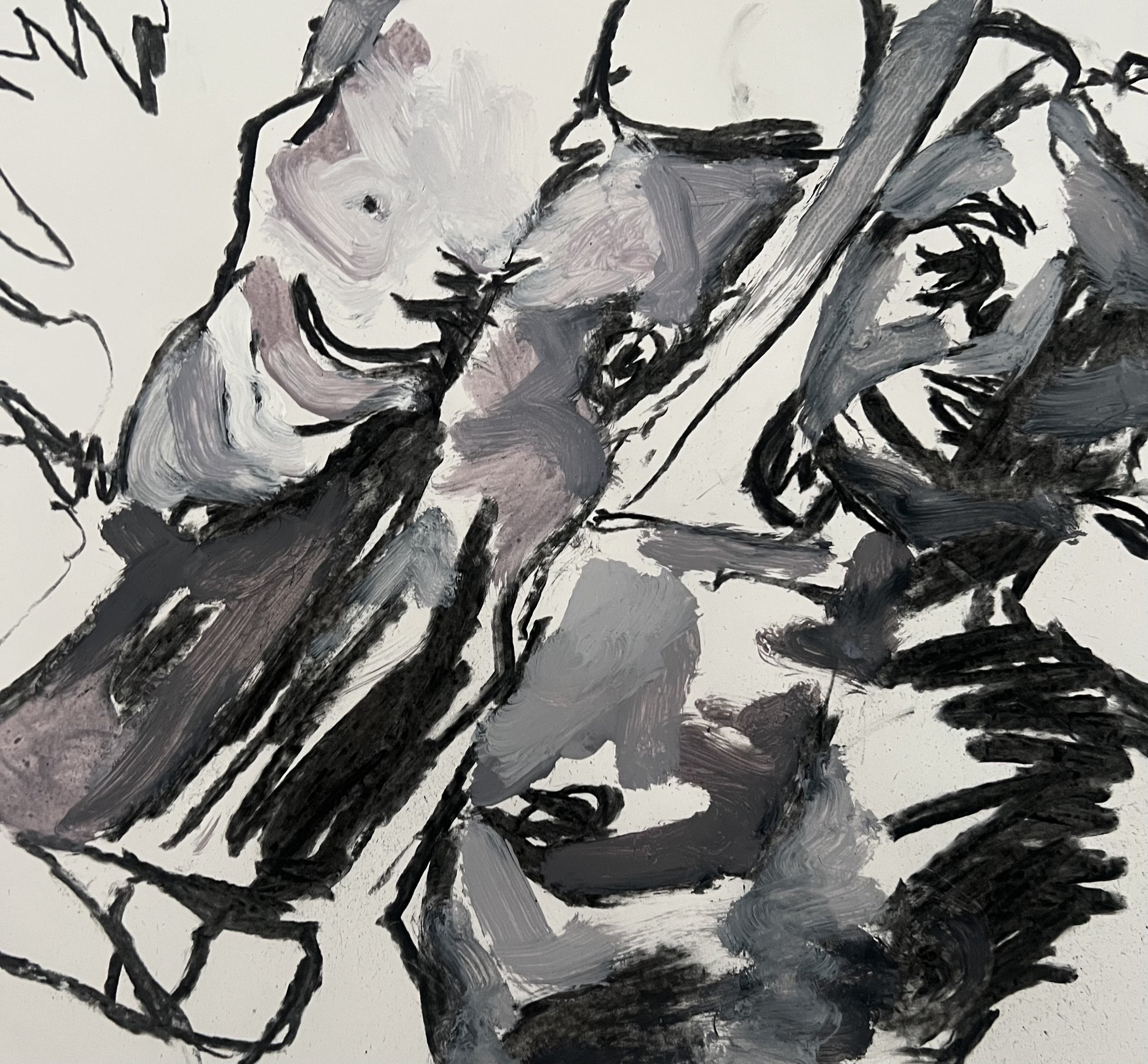 Abstract black and gray portrait of a human face with expressive brushstrokes, with a focus on the eyes and facial features, in a modern, artistic style.