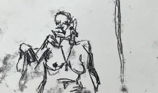 Sketch of a topless woman with short hair, holding an object near her face.