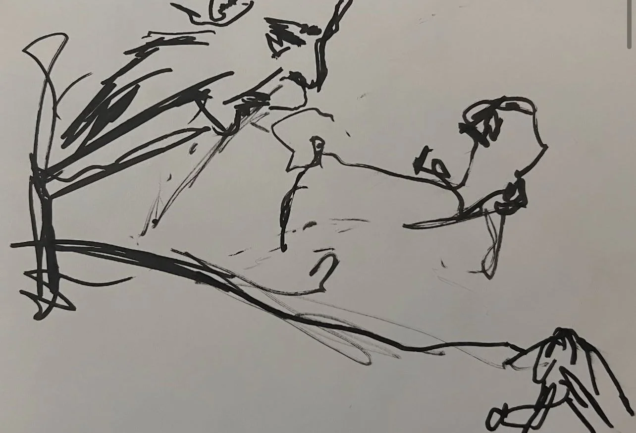 A minimalist black ink sketch of a person lying down, with their head towards the top and feet towards the bottom, and crossed legs.