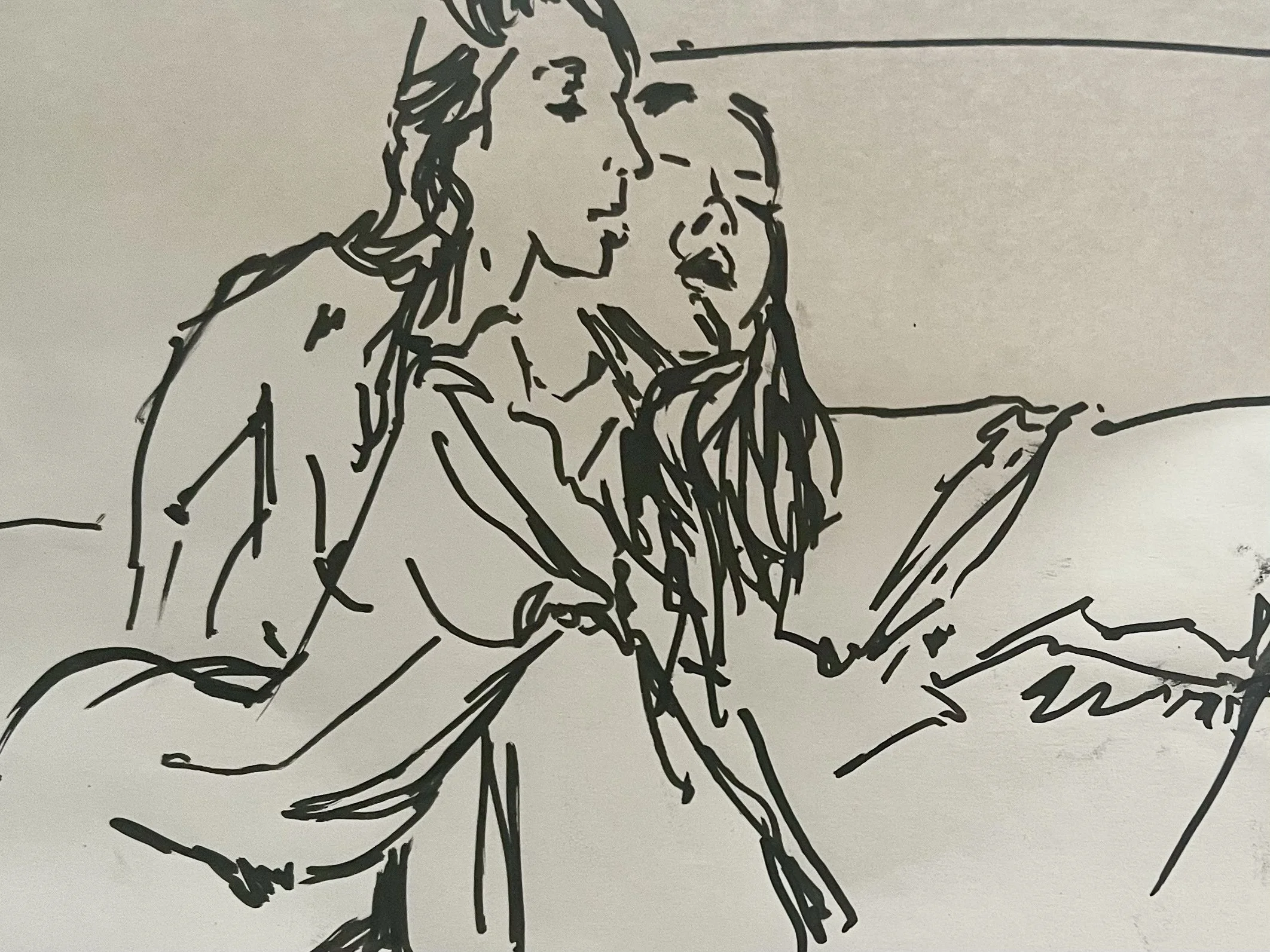 Sketch of two women looking at a tablet or phone together.