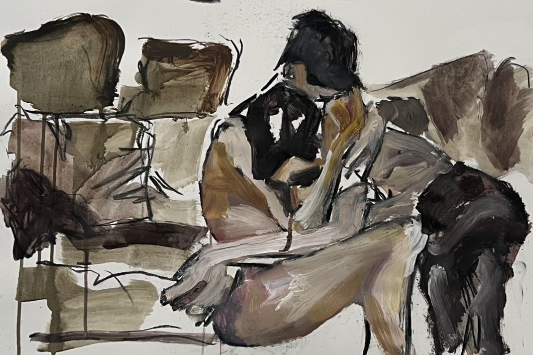 An abstract painting of a seated woman with short dark hair, resting her head on her hand, in a relaxed pose. The background features a few chairs. The artwork uses earthy tones with bold brushstrokes.