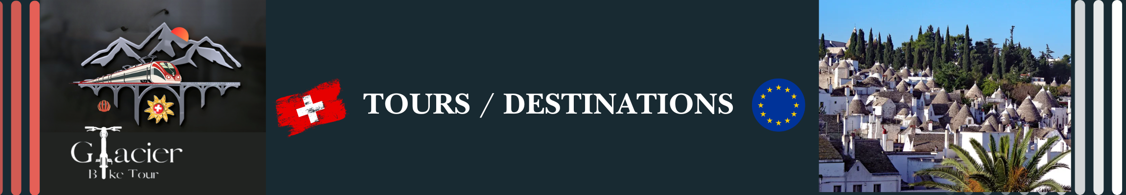 A graphic banner for Glacier Bike Tour advertising tours and destinations in Switzerland with an image of a white town with conical roofs and green trees.