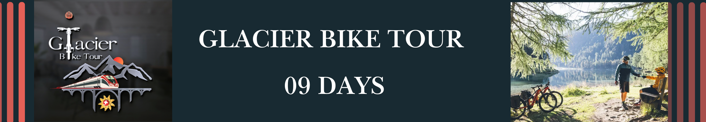 Poster advertising a Glacier Bike Tour for 9 days, featuring a mountain landscape with a lake, trees, and two cyclists near a campsite.