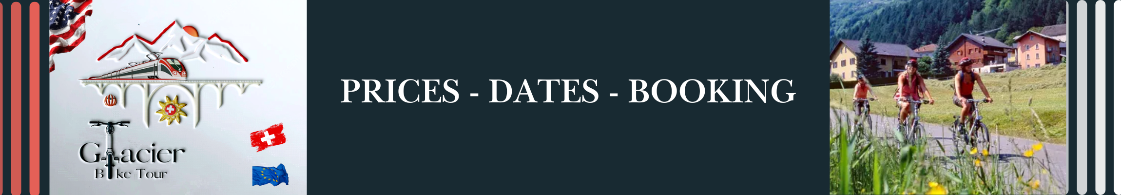 A promotional banner for Glacier Bike Tour featuring mountain scenery, cyclists, and logos of Switzerland and the European Union.