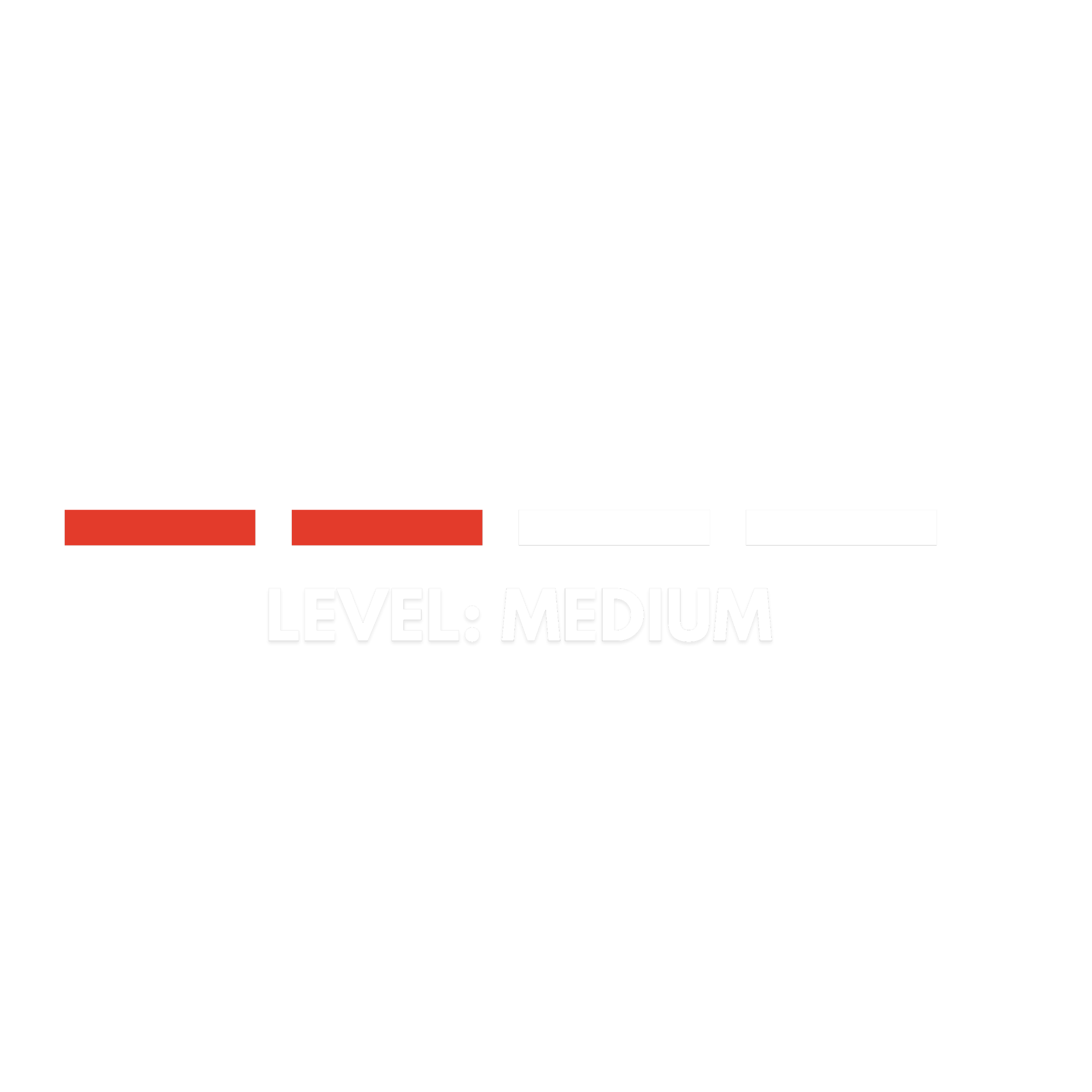 A progression bar indicating a medium level of achievement, with three red blocks, one white block, and text stating "LEVEL: MEDIUM."