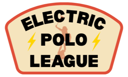 A sign for the Electric Polo League featuring a silhouette of a polo player on a horse, with yellow lightning bolts.