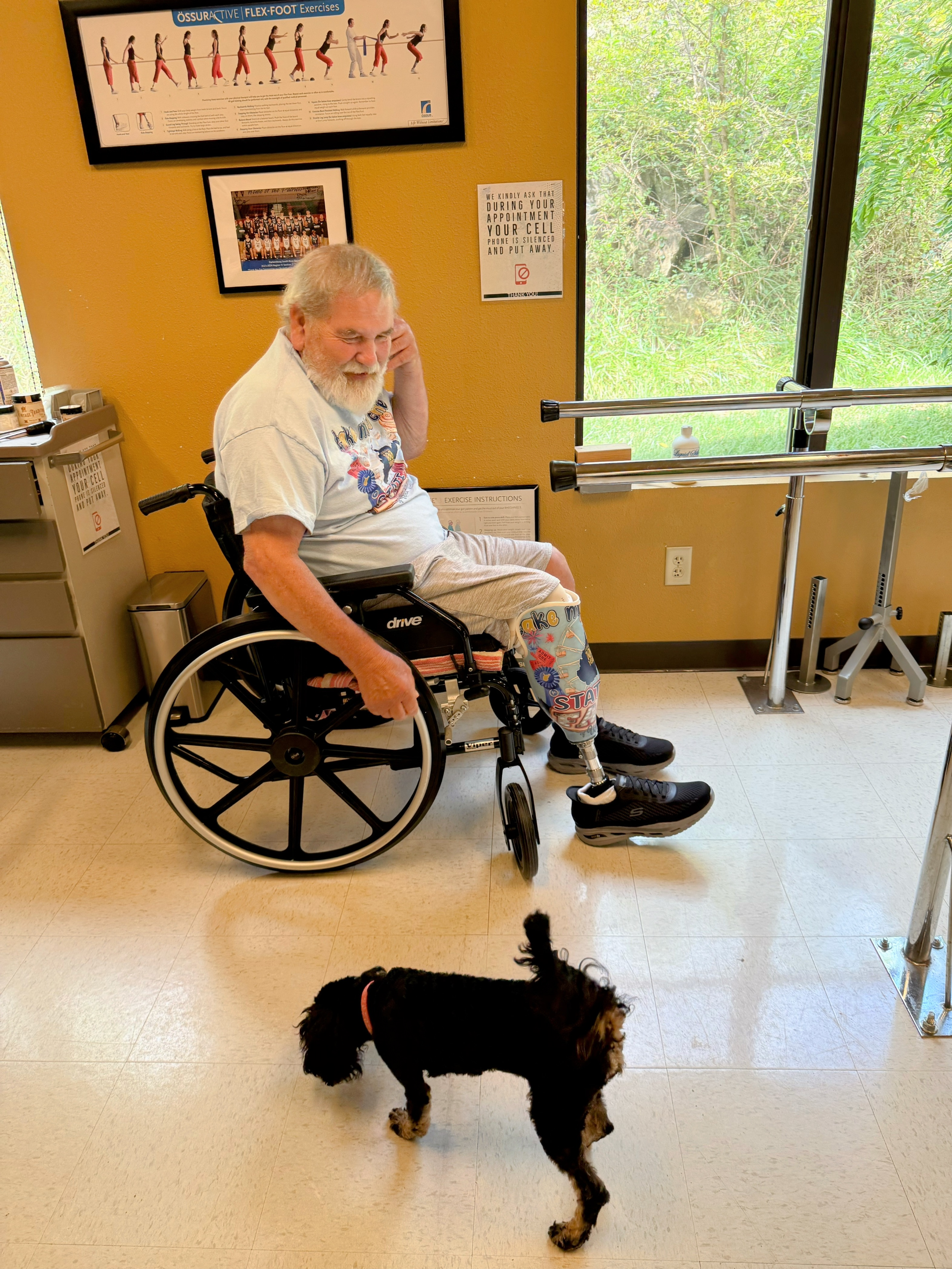 An elderly man with a prosthetic leg sitting in a wheelchair, smiling at a small black and brown dog in a veterinary or rehabilitation clinic room. The room has yellow walls, a window showing greenery outside, framed pictures, and fitness equipment, 