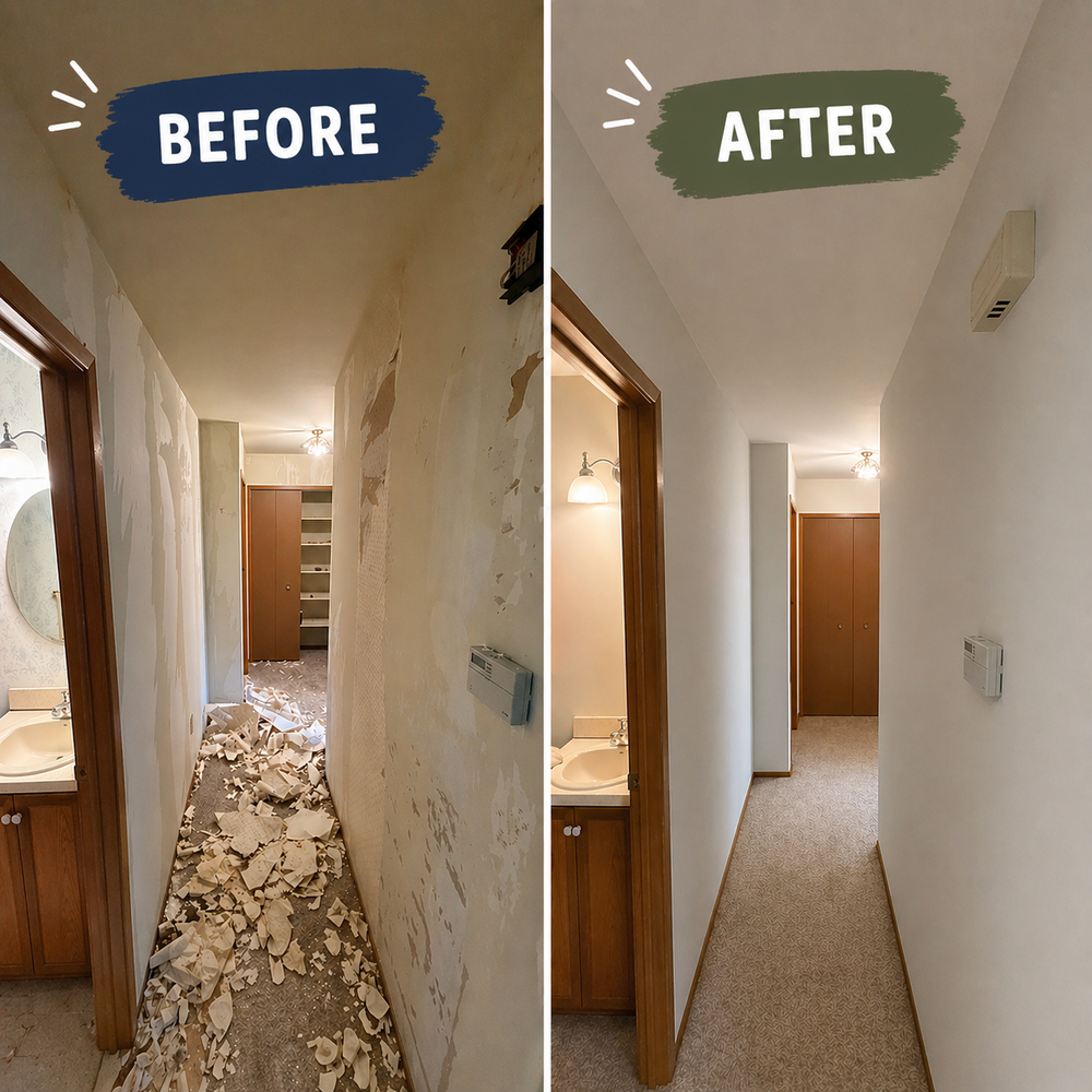 Rochester Hills hallway before and after wallpaper removal and repaint