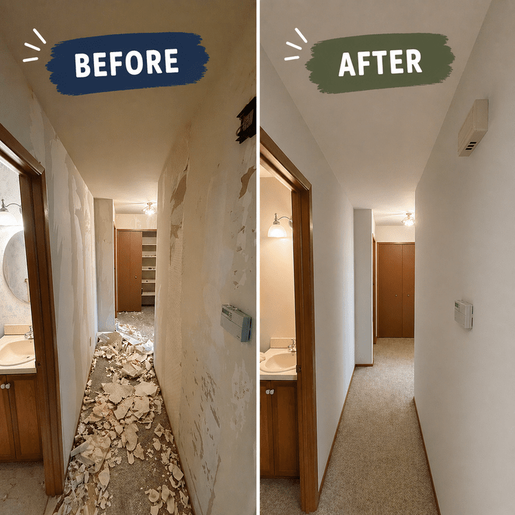 Hallway before and after wallpaper removal