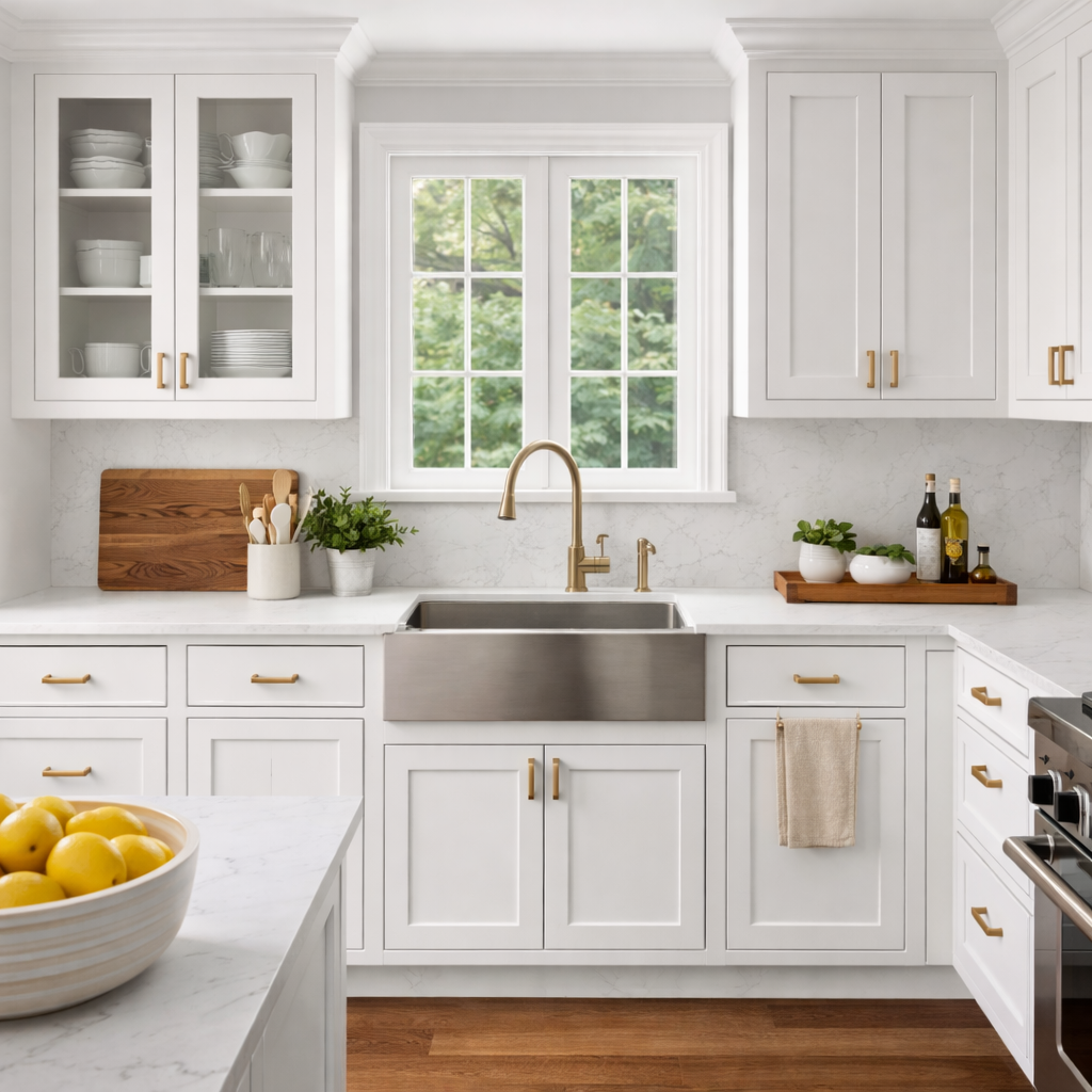 Kitchen cabinet refinishing with updated white finish