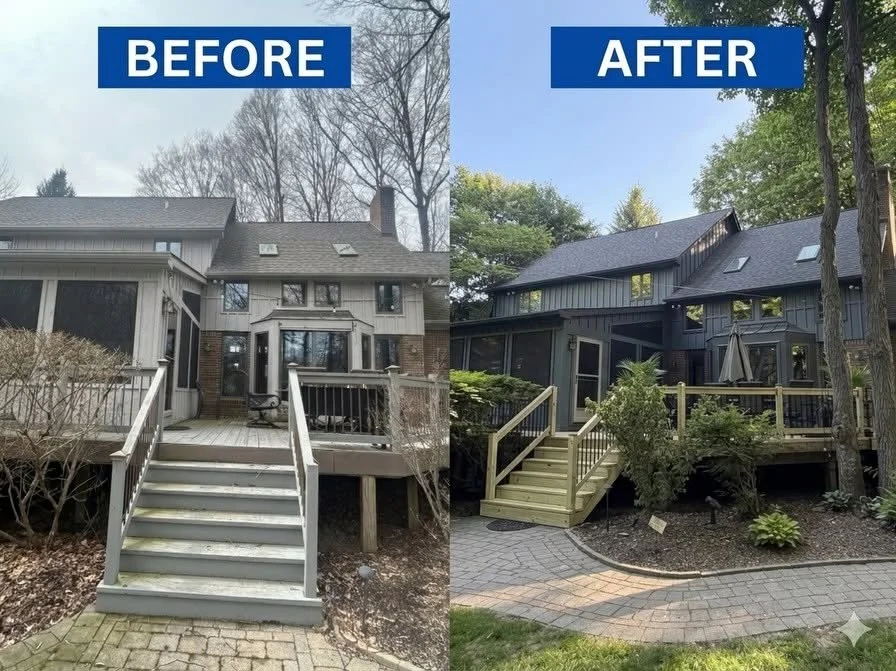 Washington Township home before and after: siding repainted Sherwin-Williams Web Gray with Iron Ore trim