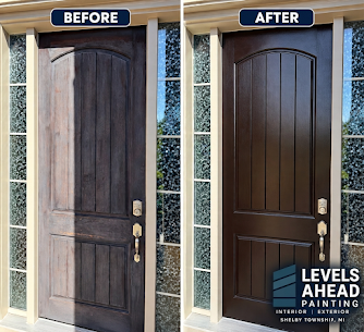 Wood front door before and after refinishing