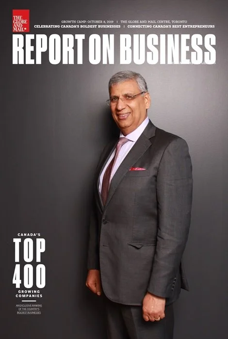 Magazine cover titled "Report on Business" featuring a smiling man in a gray suit against a gray background, celebrating Canada's top 400 growing companies.