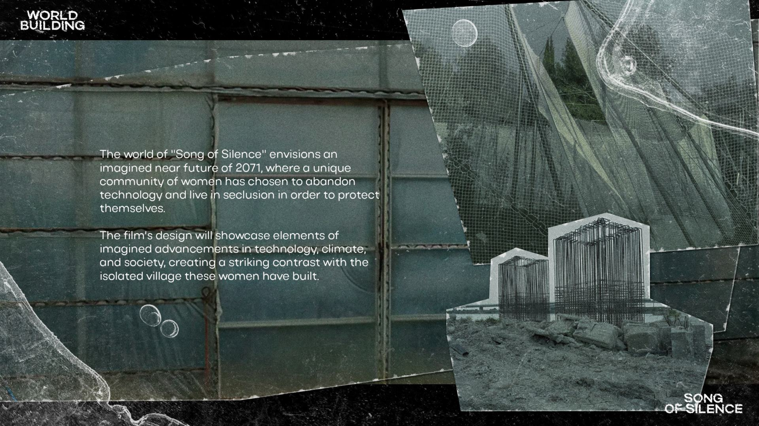 A digital collage featuring a paragraph of white text on a textured background, with images of modern buildings and abstract digital graphics in the background, promoting a film titled 'Song of Silence' about a future society of women living in seclu