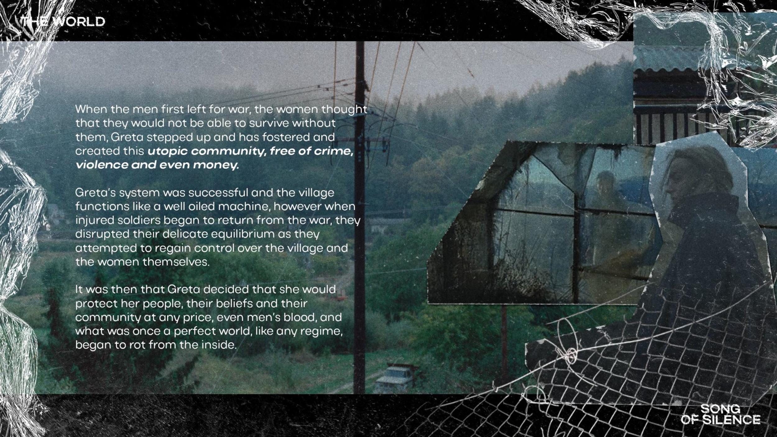 Text overlay on a background of a rural village scene with power lines and trees, describing Greta's role in creating a community free of crime and violence after war, and her decision to protect her community against internal decay.