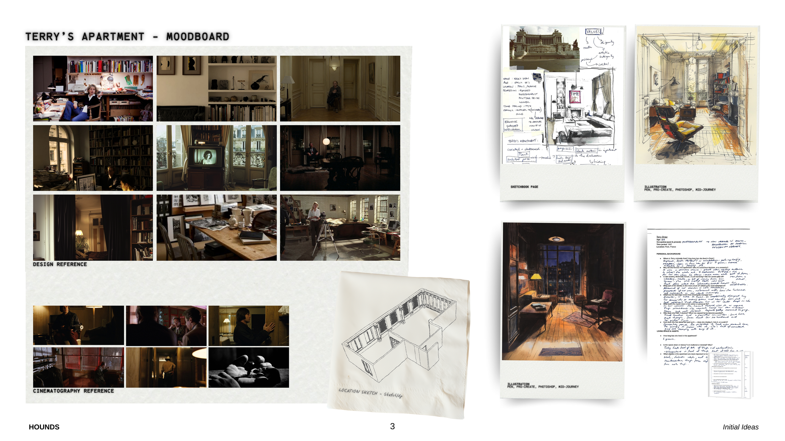 A mood board titled "Terry's Apartment - Moodboard" with various photographs, sketches, and artwork depicting interior design and cinematographic references for an apartment. The board includes a grid of photographs showing cozy and cluttered rooms, 