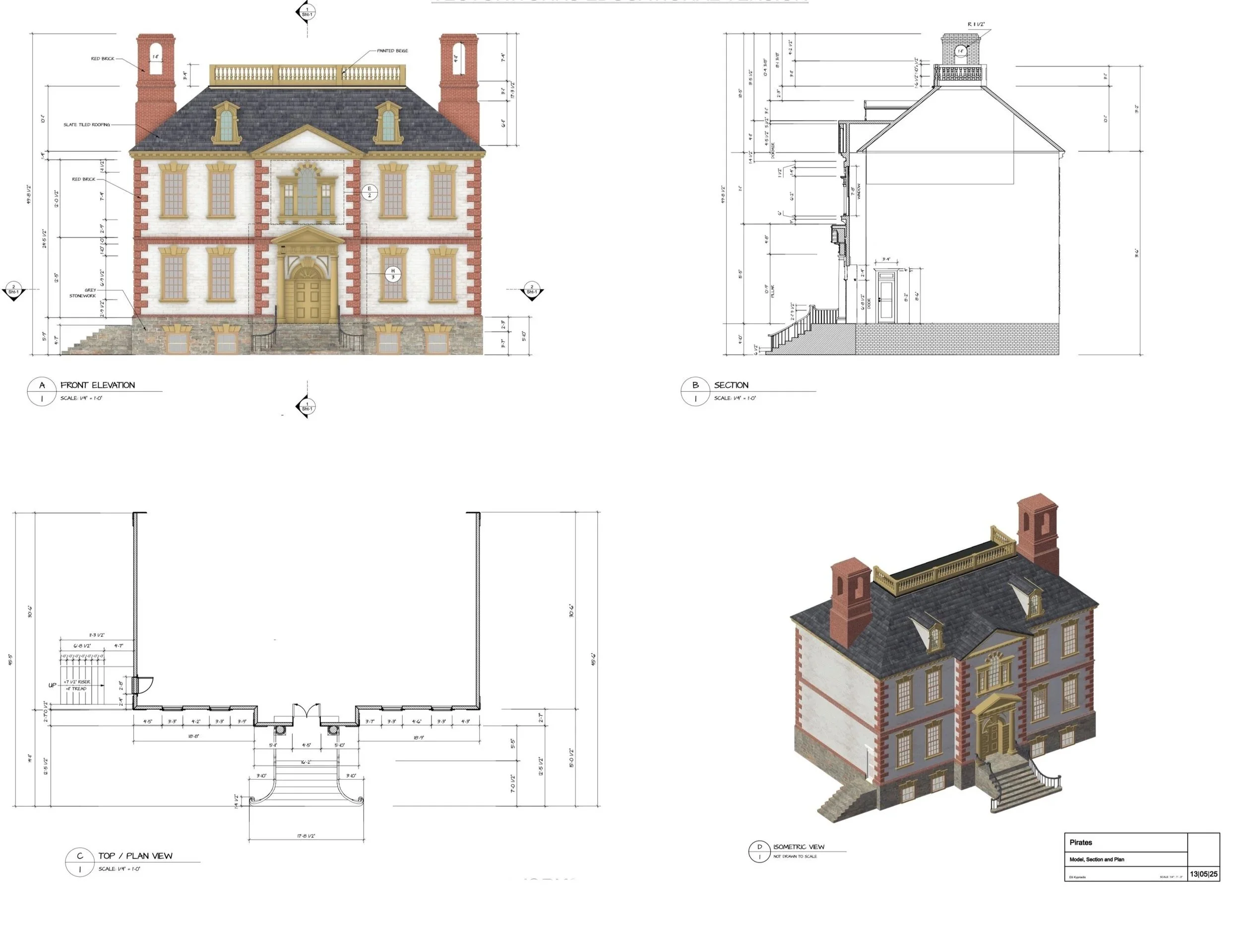 Architectural blueprints and renderings of a historic-style house with brick accents, slate roof, two chimneys, and a prominent front staircase.
