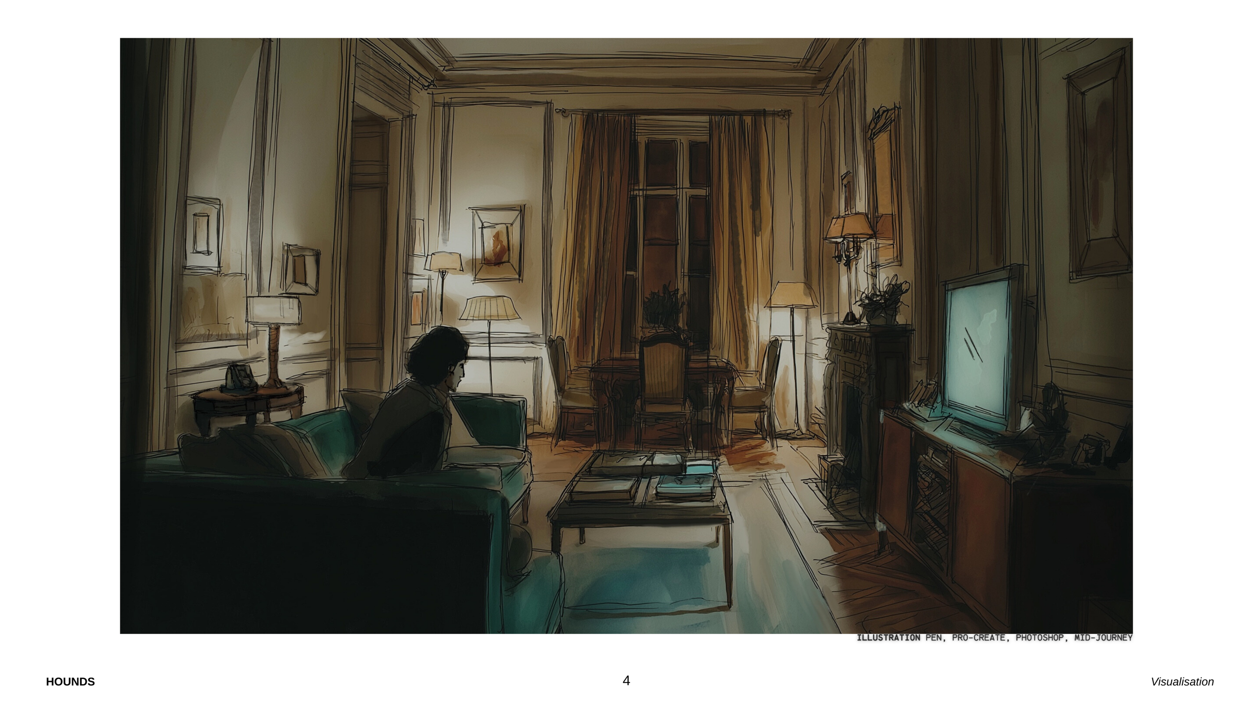 An illustration of a woman sitting on a green sofa in a warmly lit living room with classic decor, side tables with lamps, a fireplace, a television, and a window with curtains.