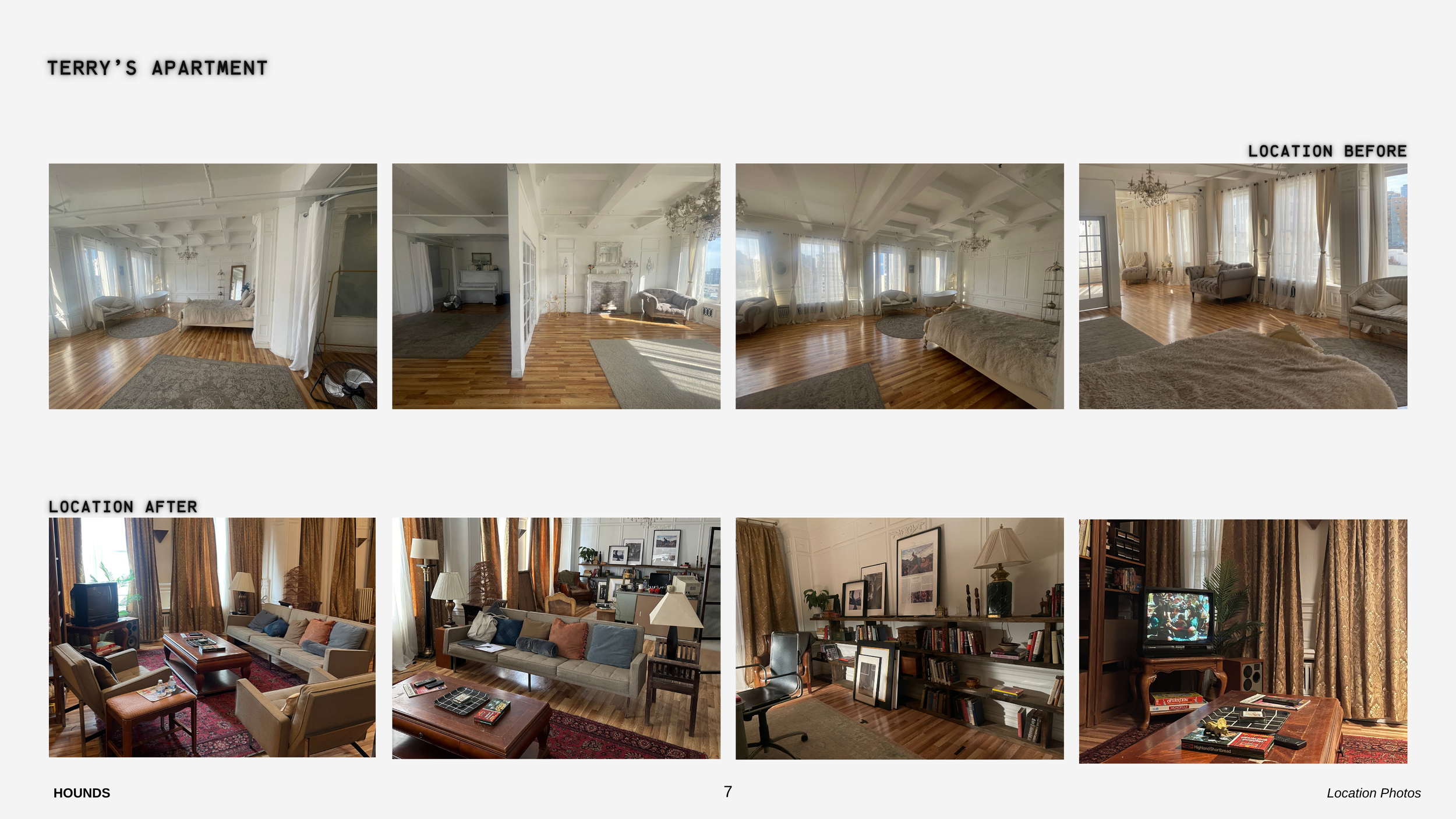A comparison of an apartment interior before and after renovation. The 'before' images show a spacious, bright room with white walls, wooden floors, and minimal furniture, including a bed or sofa near large windows, a chandelier, and curtains. The 'a
