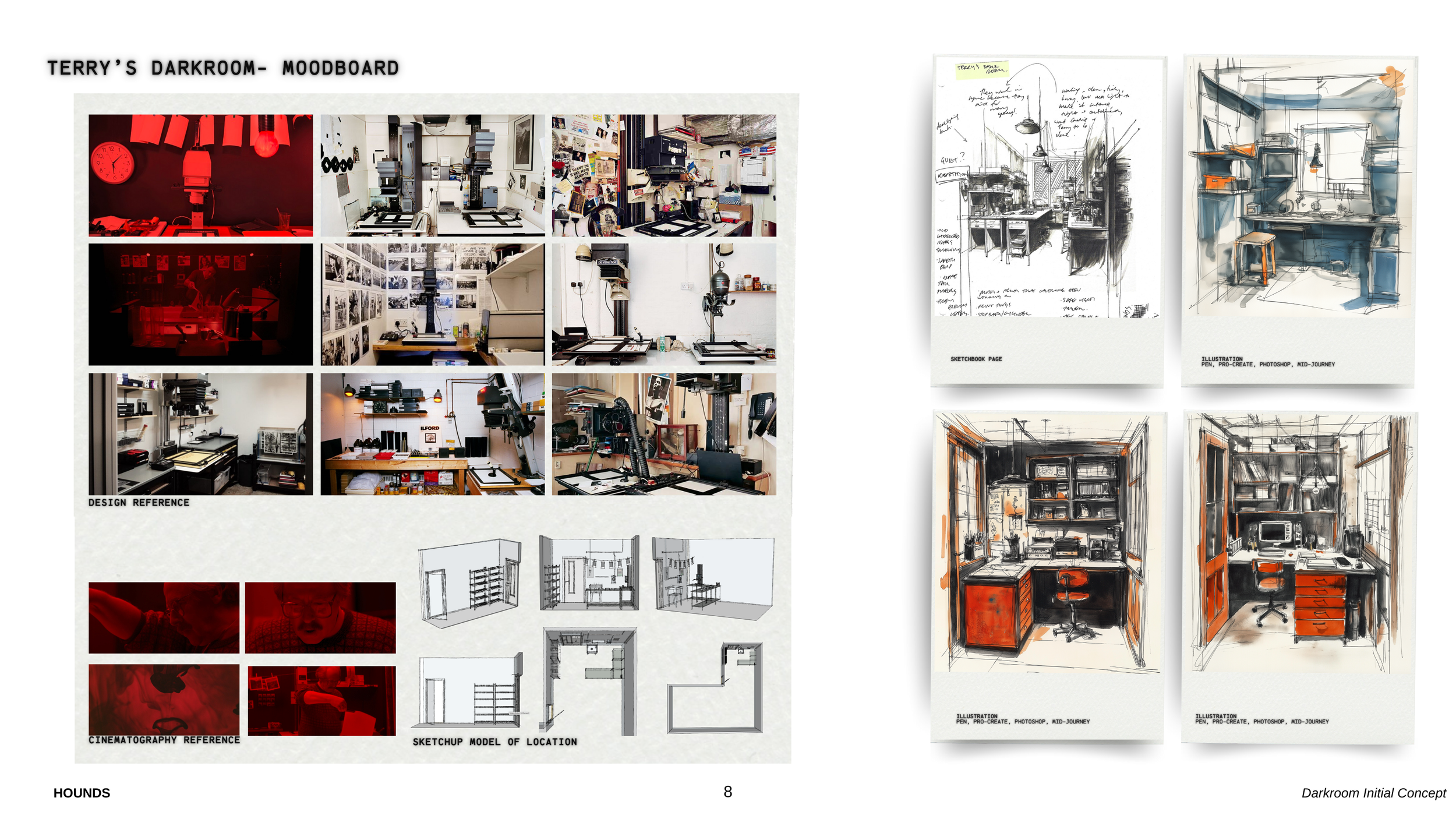Moodboard titled 'Terry's Darkroom' with photographs of darkroom design references, sketches, and illustrations of a workspace with storage, printing equipment, and a chair.