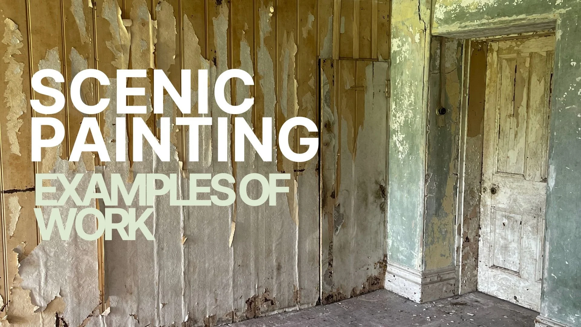 An abandoned room with peeling paint, exposed wooden and metal framing, and a weathered door, demonstrating scenic painting techniques.
