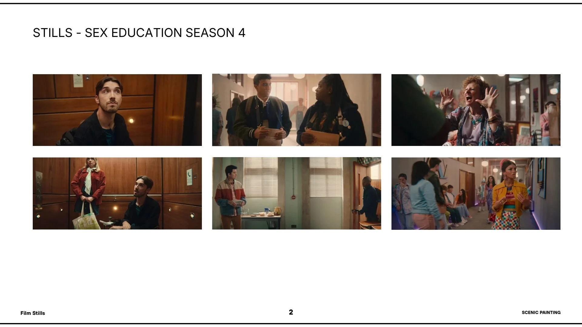 A collage of six scenes from the TV show "Stills - Sex Education Season 4," depicting diverse characters in various indoor settings, including talking, waiting, and interacting in hallways, elevators, and a break room.