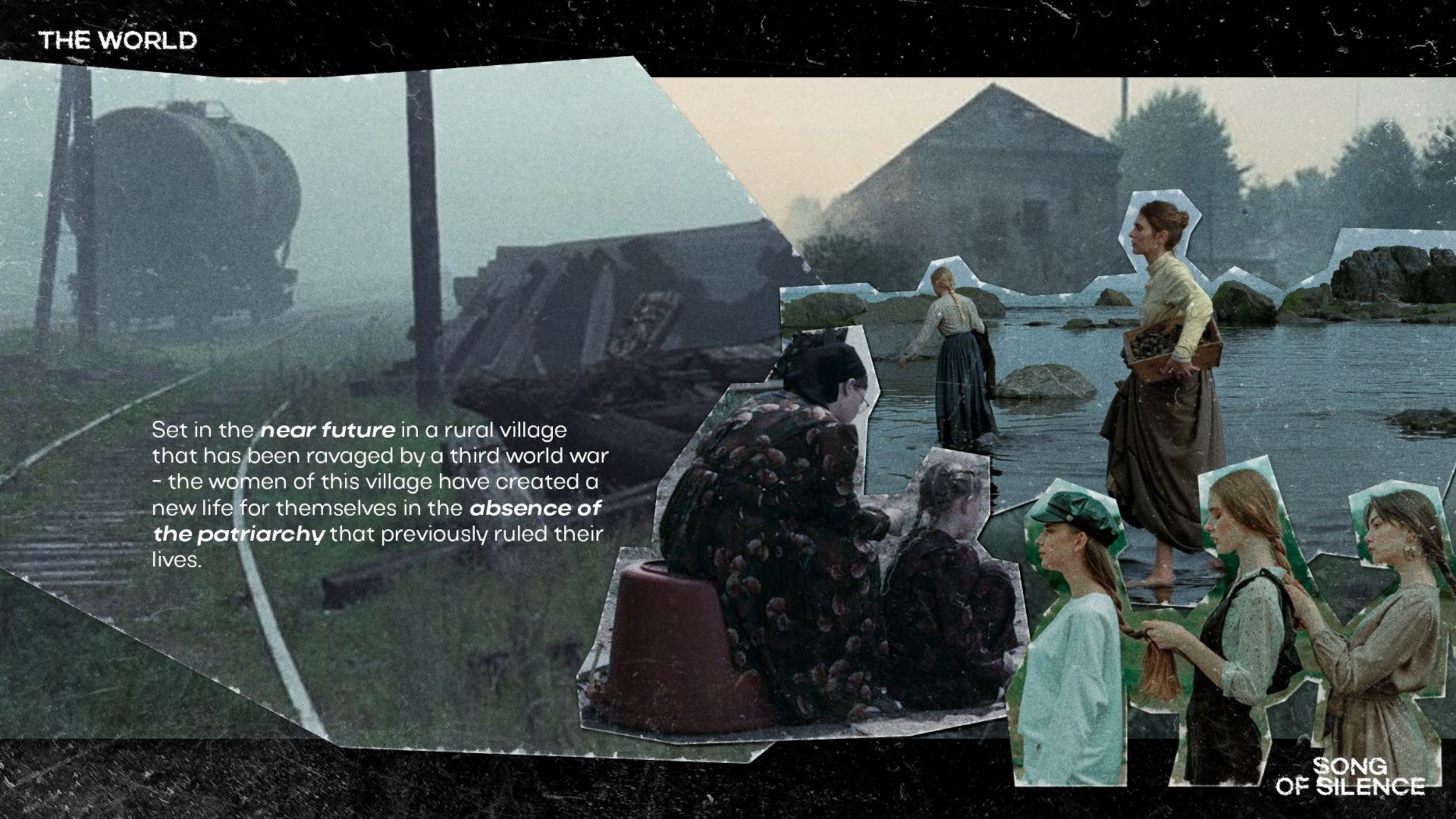 Collage of women in rural village, some standing in water, others sitting and talking, with a background of a water tank and houses, illustrating a rural setting affected by war, with text about women creating a new life in a post-World War III villa