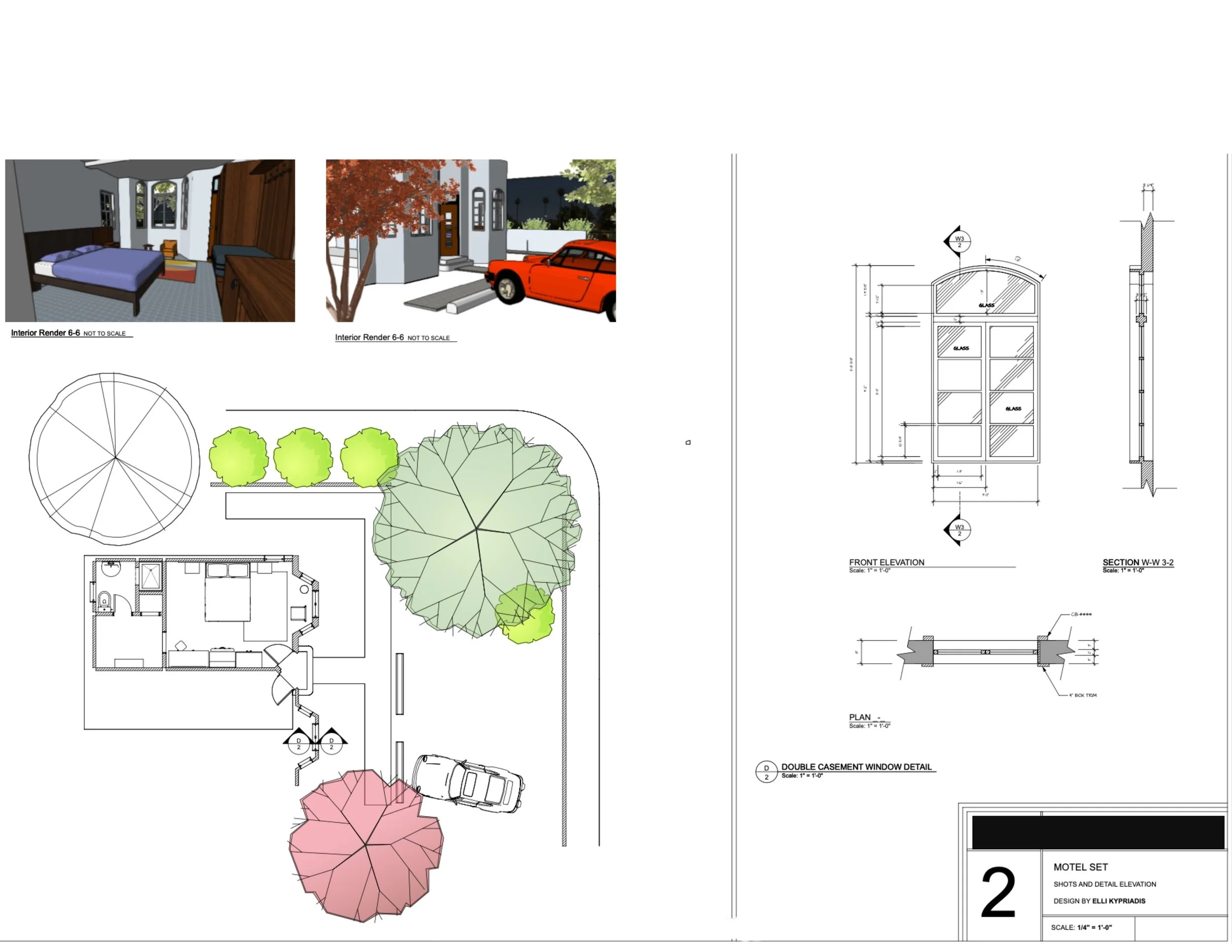 Architectural design plans and digital renderings of a motel, including interior and exterior views, floor plan, landscaping, and window details.