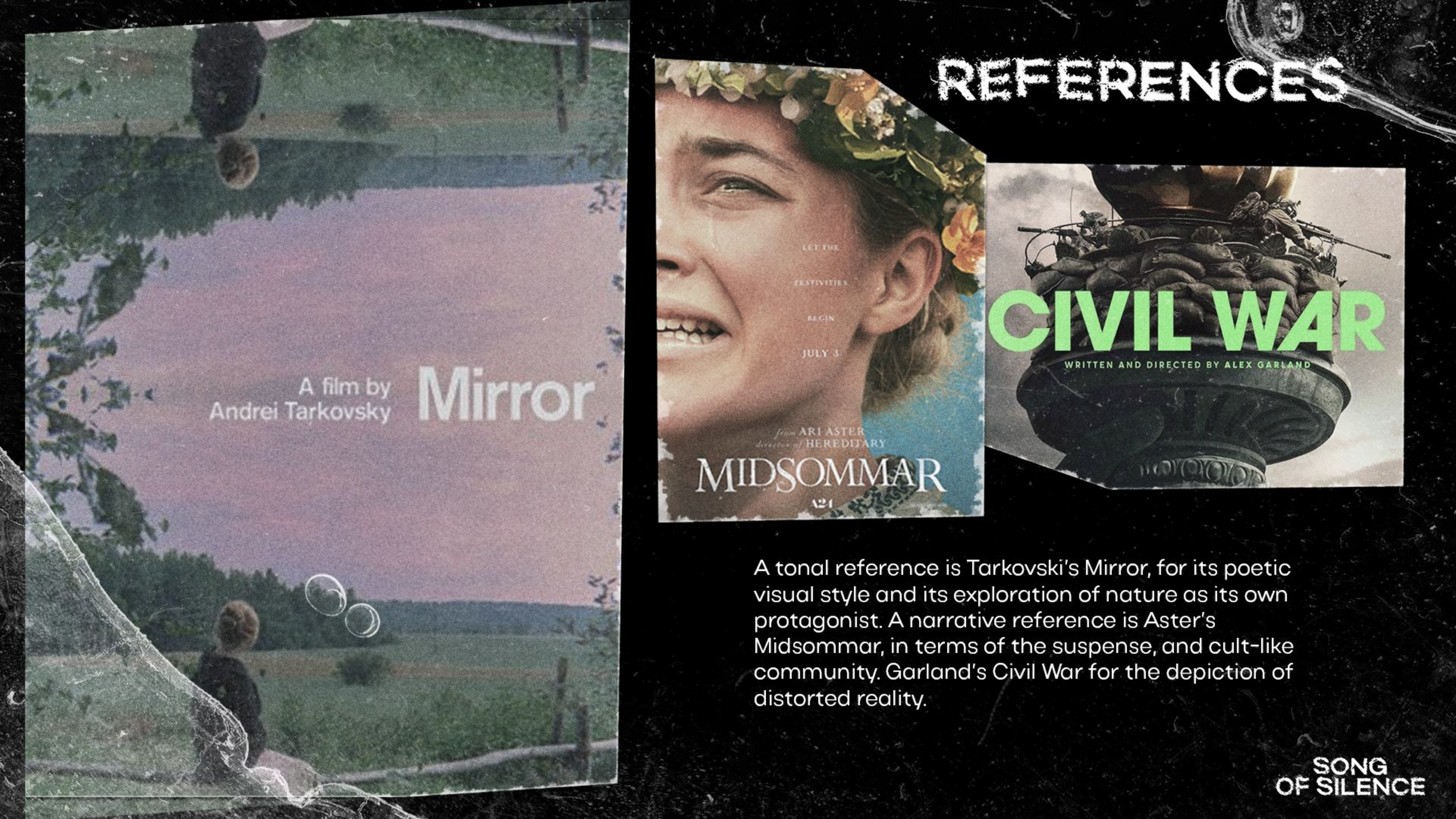 Collage of three film posters with a black textured background. The left poster features a pastoral scene with a person sitting on a fence at sunset, titled 'Mirror' by Andrei Tarkovsky. The middle poster shows a smiling woman with a flower crown for
