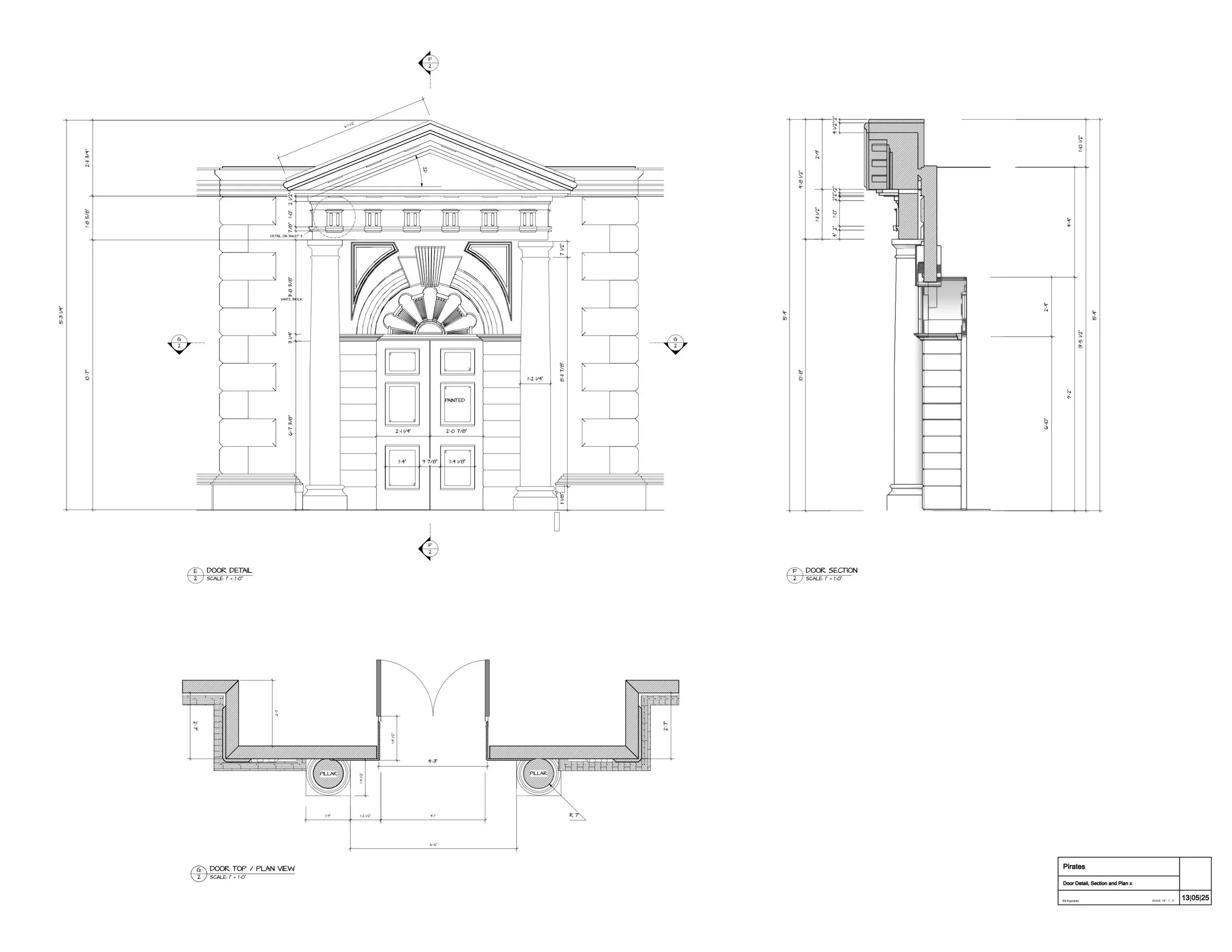 Architectural blueprint of a historic building entrance, featuring detailed plans for door design, section, and top view with measurements.