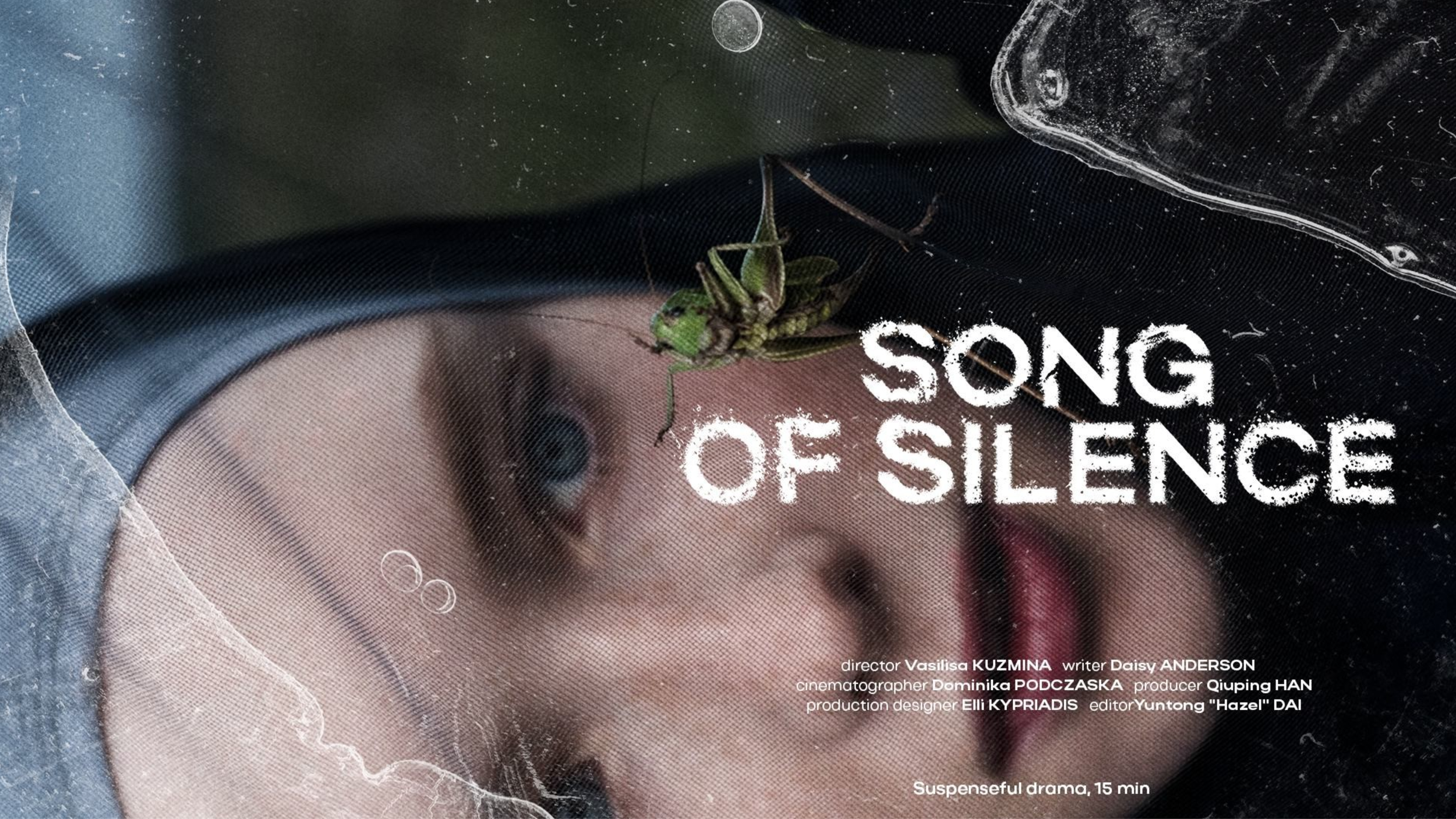 A close-up of a woman’s face with a spider on a fabric covering her face, with the title 'Song of Silence' written across it. The woman has dark eye makeup and appears to be looking through the fabric.