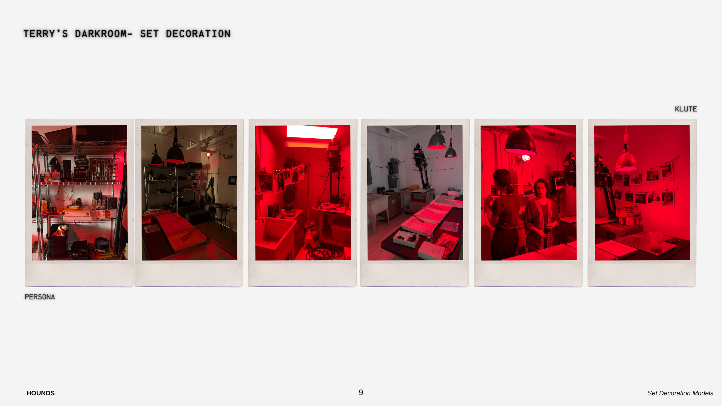 Series of six Polaroid-style photos showing a darkroom setup with red lighting, including shelves with camera equipment and photographs, work tables, and two women working or discussing in the space.