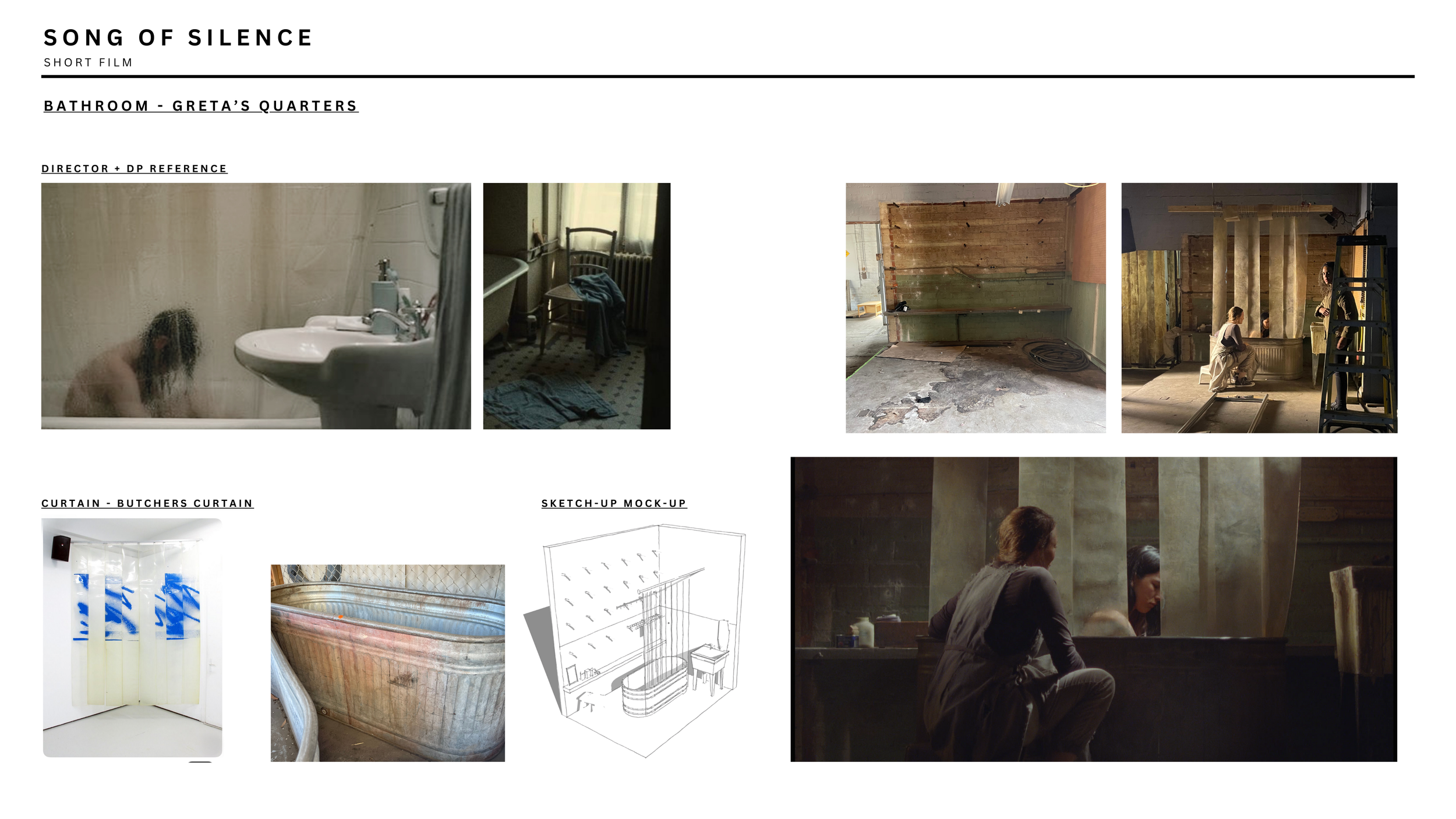 A collage of images and sketches related to film production, including scenes of a bathroom, a room with a chair and drapes, a construction site, a set with people, a curtain backdrop, a bathtub, and a sketch of a set design.