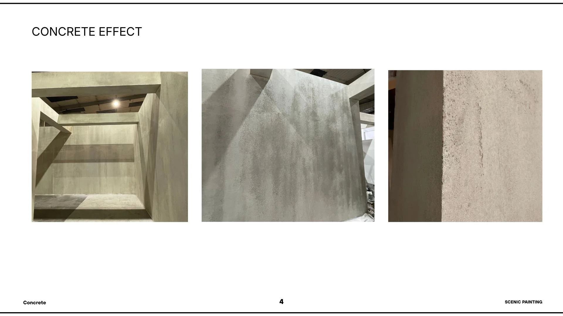 Three photos showing different concrete surfaces and textures in an architectural setting