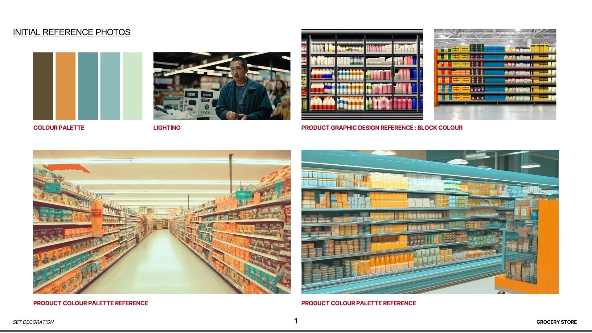 A collage of images related to grocery store decoration. It includes a color palette with brown, orange, teal, mint, and light green shades, a man shopping in the grocery store, shelves stocked with jars, bottles, and boxed products, empty grocery ai