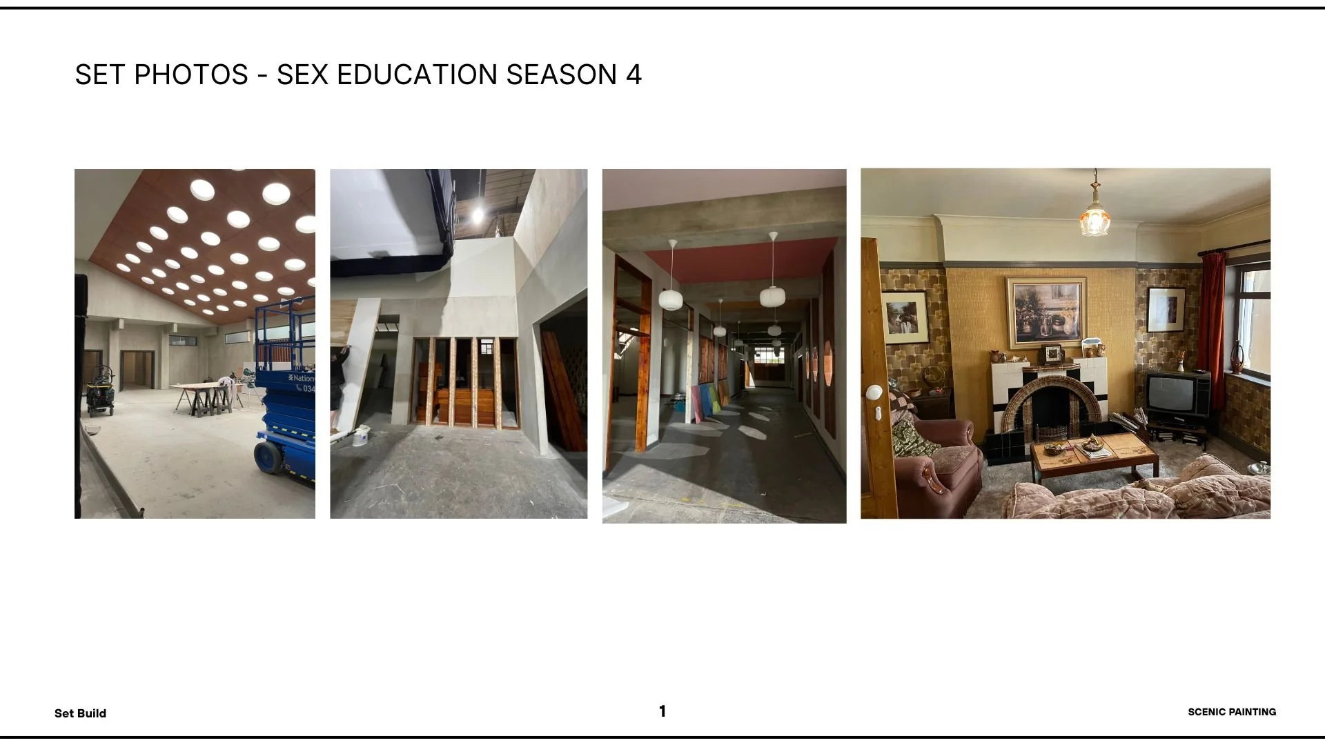 Compilation of four photos showing different stages of interior construction and renovation, including a construction site with scaffolding, partially finished rooms with framing, a hallway with lighting fixtures, and a finished living room with furn