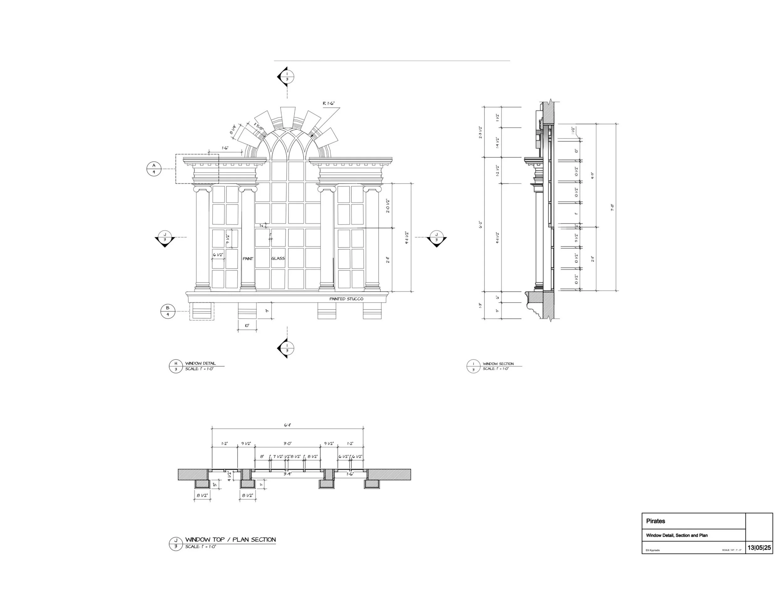 Architectural drawing of a detailed window design with front view, side section, and top plan, including measurements and labels.