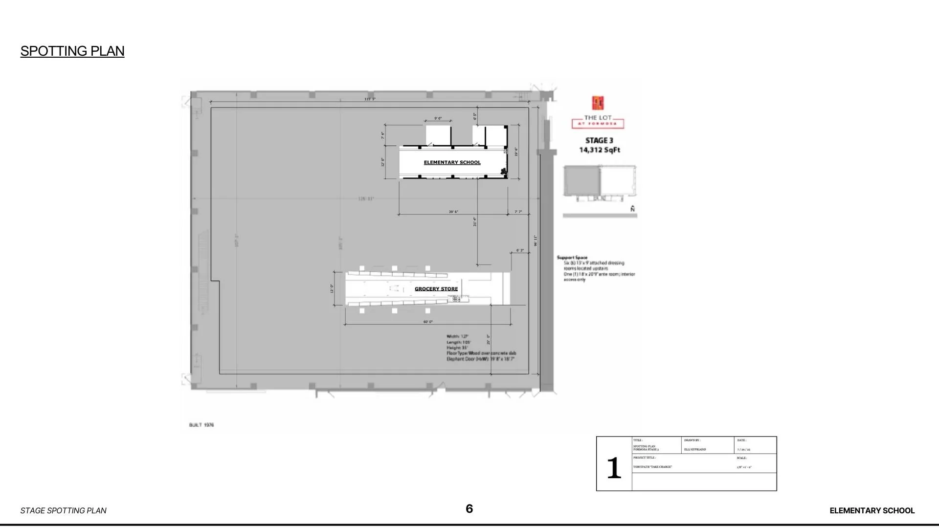 Blueprint of a stage for elementary school with labeled areas for a grocery store and elementary school, including dimensions and support space details.