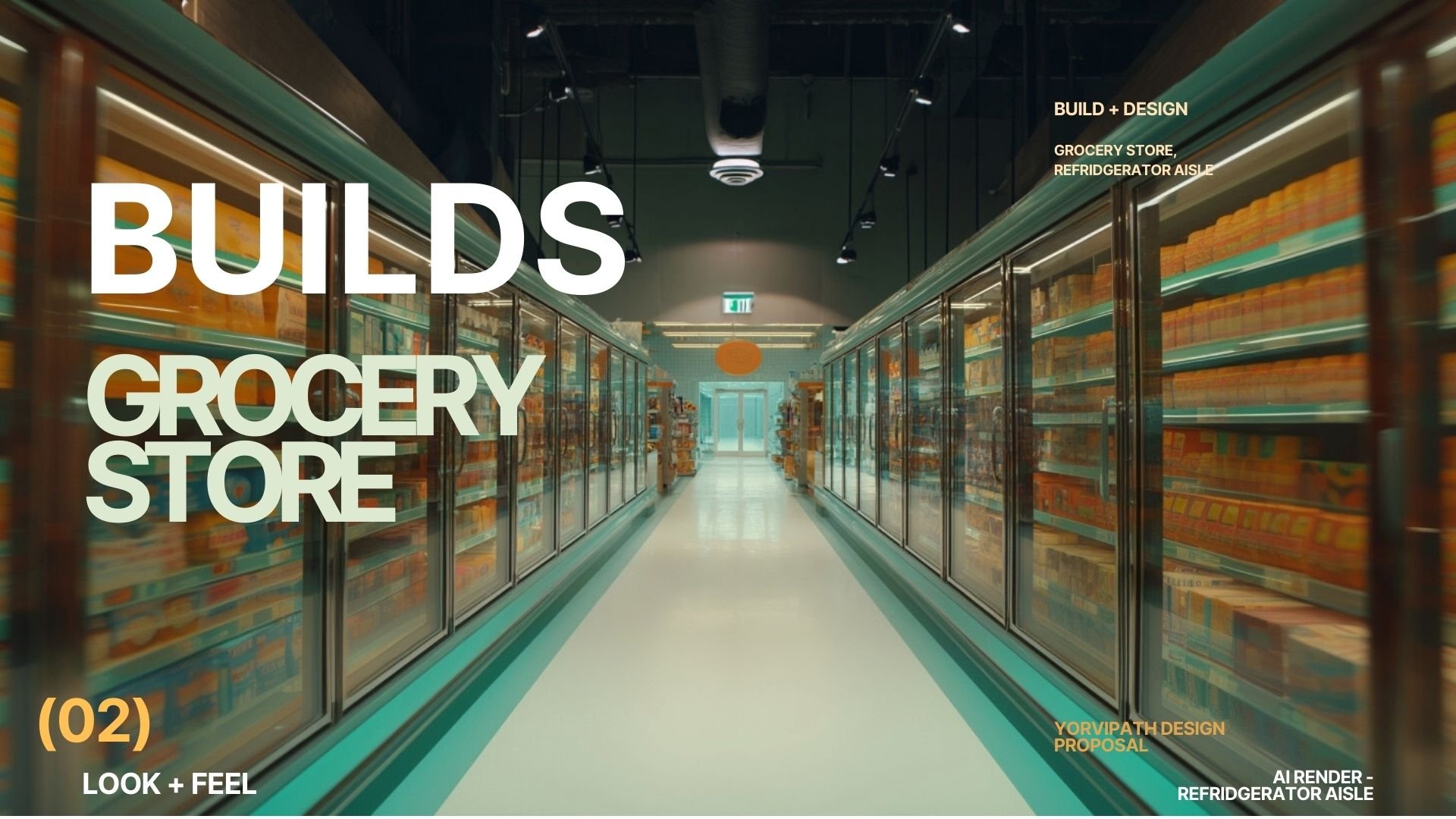 A refrigerated grocery store aisle with glass door freezers filled with products, showing the interior space with bright lighting and an emergency exit sign at the far end.