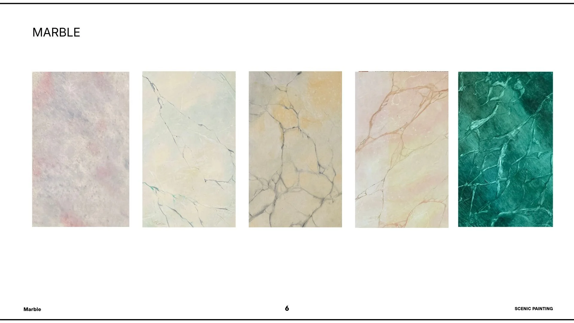 Five different types of marble textures in horizontal rectangles, in various colors including pink, white, beige, peach, and green.
